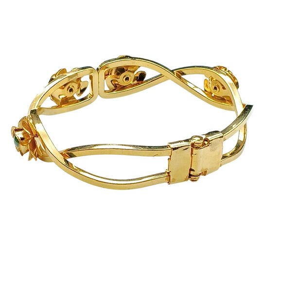 Vintage Gold Floral Bracelet with Green Gem Flower Accents on Clamper Style Band - Picture 4 of 5